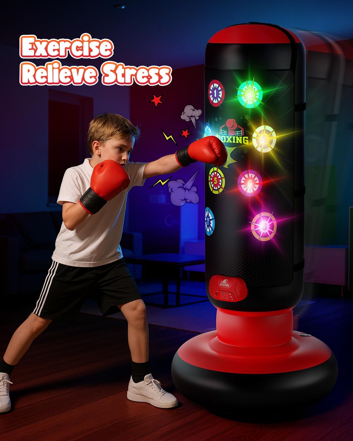 HopeRock Kids Inflatable Punching Bag Set, Boxing Game with Score Counter, LED Lights, Music, 4 Game Modes, Boxing Gloves, 60-Inch Freestanding Punching Bag, Red