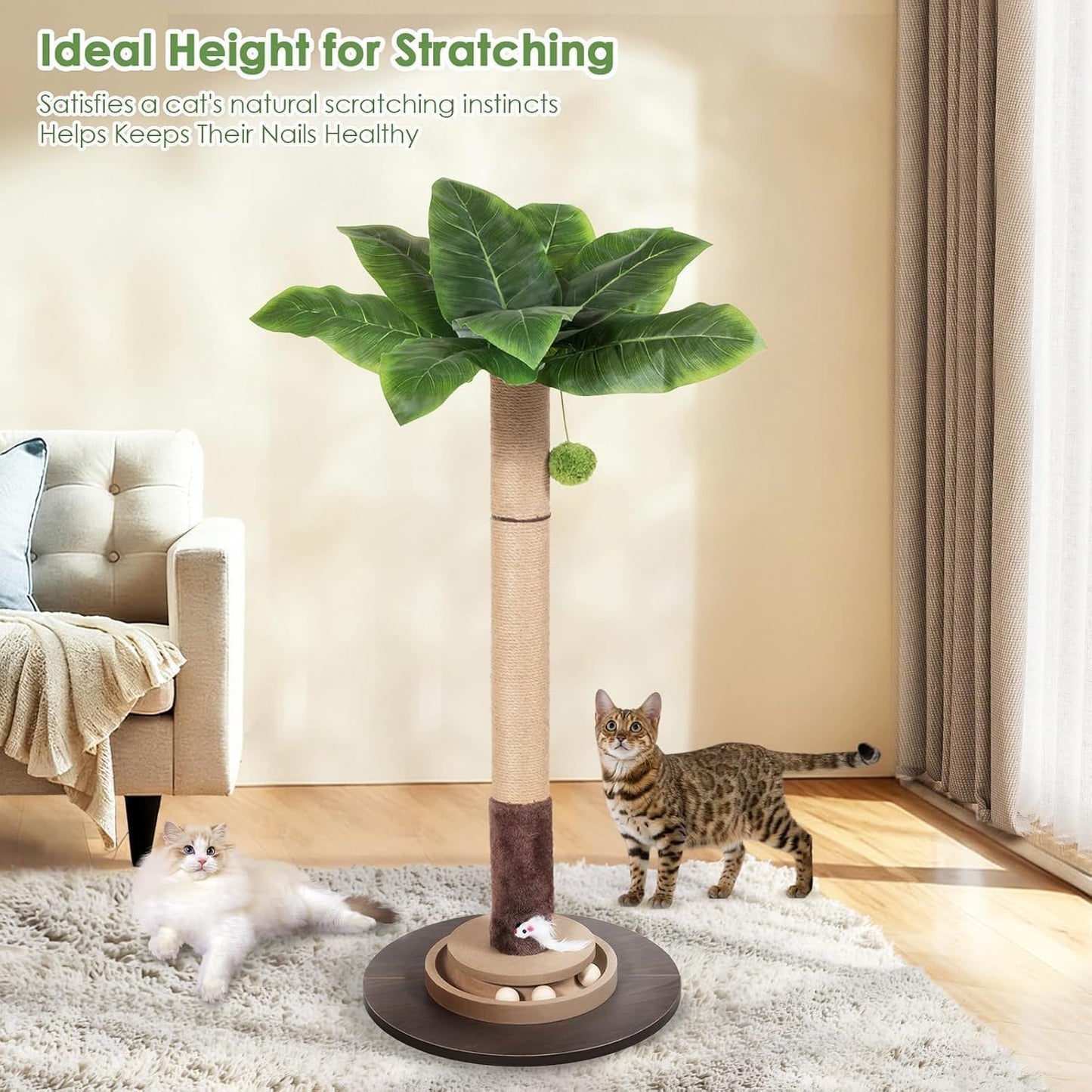 40" Cat Scratching Post, Natural Sisal Rope Cat Scratcher Tree with Hanging Ball, Mouse Hole & Ball Track, Heavy-Duty Wood Base for Kittens & Adult Cats