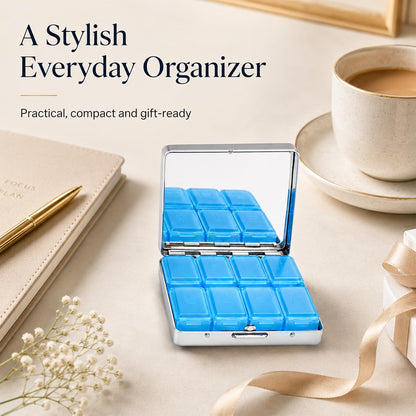 HyperionFlo Essentials Compact 8-Compartment Pill Box with Built-In Mirror, Metal Outer Case, Black Bird Design