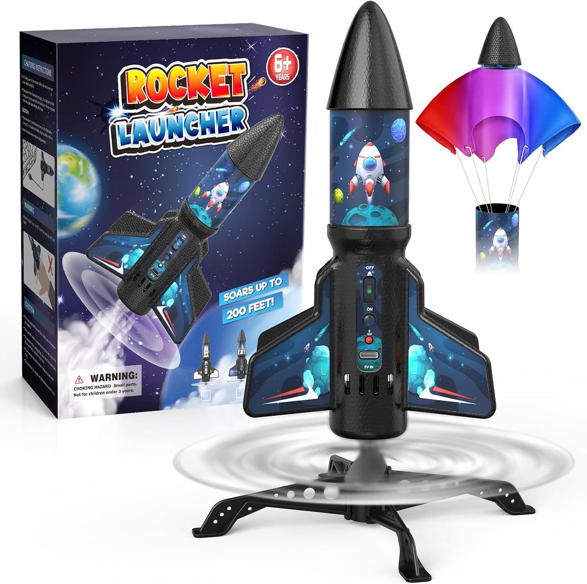 ZeroPhear RK2 Spinner Rocket Launcher for Kids, 200-Foot Self-Launching Rocket Toy with Parachute, LED Light, 2 Launch Modes, Rechargeable STEM Outdoor Toy, Cyan