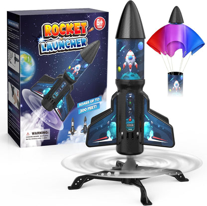 ZeroPhear RK2 Spinner Rocket Launcher for Kids, 200-Foot Self-Launching Rocket Toy with Parachute, LED Light, 2 Launch Modes, Rechargeable STEM Outdoor Toy, Cyan