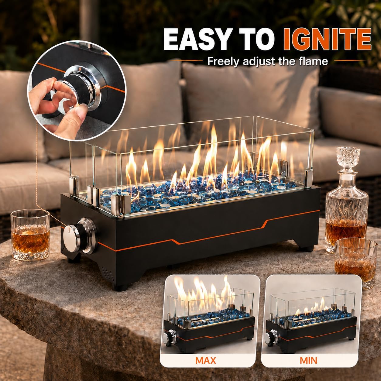 GRISUN 15 Inch Propane Tabletop Fire Pit, 30,000 BTU with Glass Wind Guard