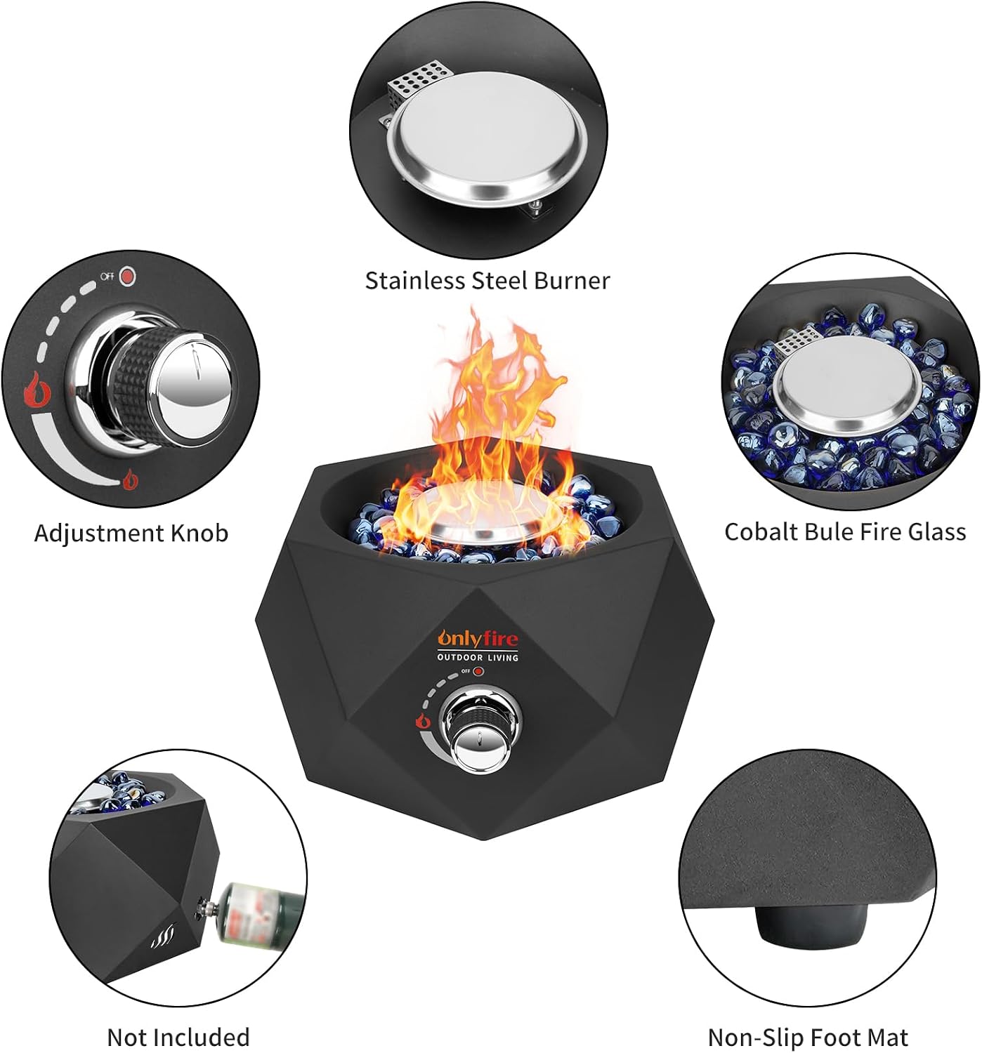 14" Modern Gas Fire Pit Side-Mounted, Tabletop Fireplace, FP004 Portable Outdoor Propane Firepit with Glass Stones for Patio Backyard Porch Camping RV Tailgating, 5400BTU