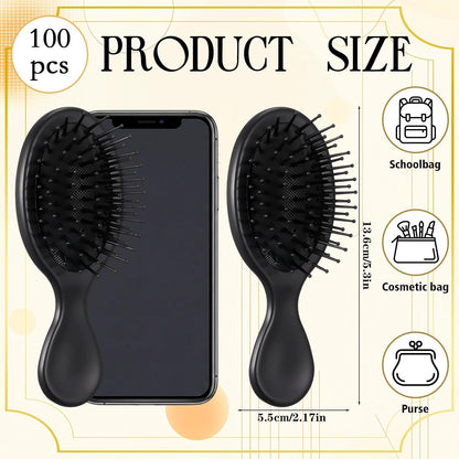 Meanplan 100 Pack Mini Hair Brushes Bulk Air Cushion Detangling Hairbrushes with Soft Bristles Travel Size Black Hair Brush for Wet Dry Hotel Amenities Charity Gym Salon Gifts Guest Supplies