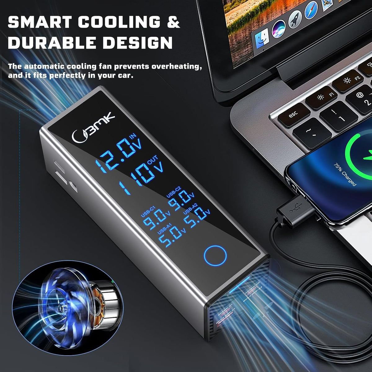 300W Car Power Inverter 12V DC to 110V AC Outlet Adapter 4 Fast USB Ports with PD 36W QC3.0 LCD Voltage Display Stackable Design for Laptop CPAP Road Trip Essentials