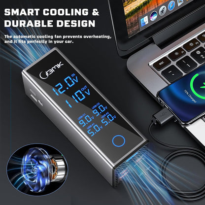 300W Car Power Inverter 12V DC to 110V AC Outlet Adapter 4 Fast USB Ports with PD 36W QC3.0 LCD Voltage Display Stackable Design for Laptop CPAP Road Trip Essentials