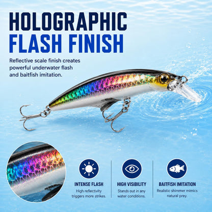 5PCS Sinking Jerkbait Fishing Lures, 3.35" Long-Casting Minnow Hard Baits with Realistic Swimming Action, Curved Lip, Holographic Finish & Treble Hooks for Bass, Trout, Walleye and Pike