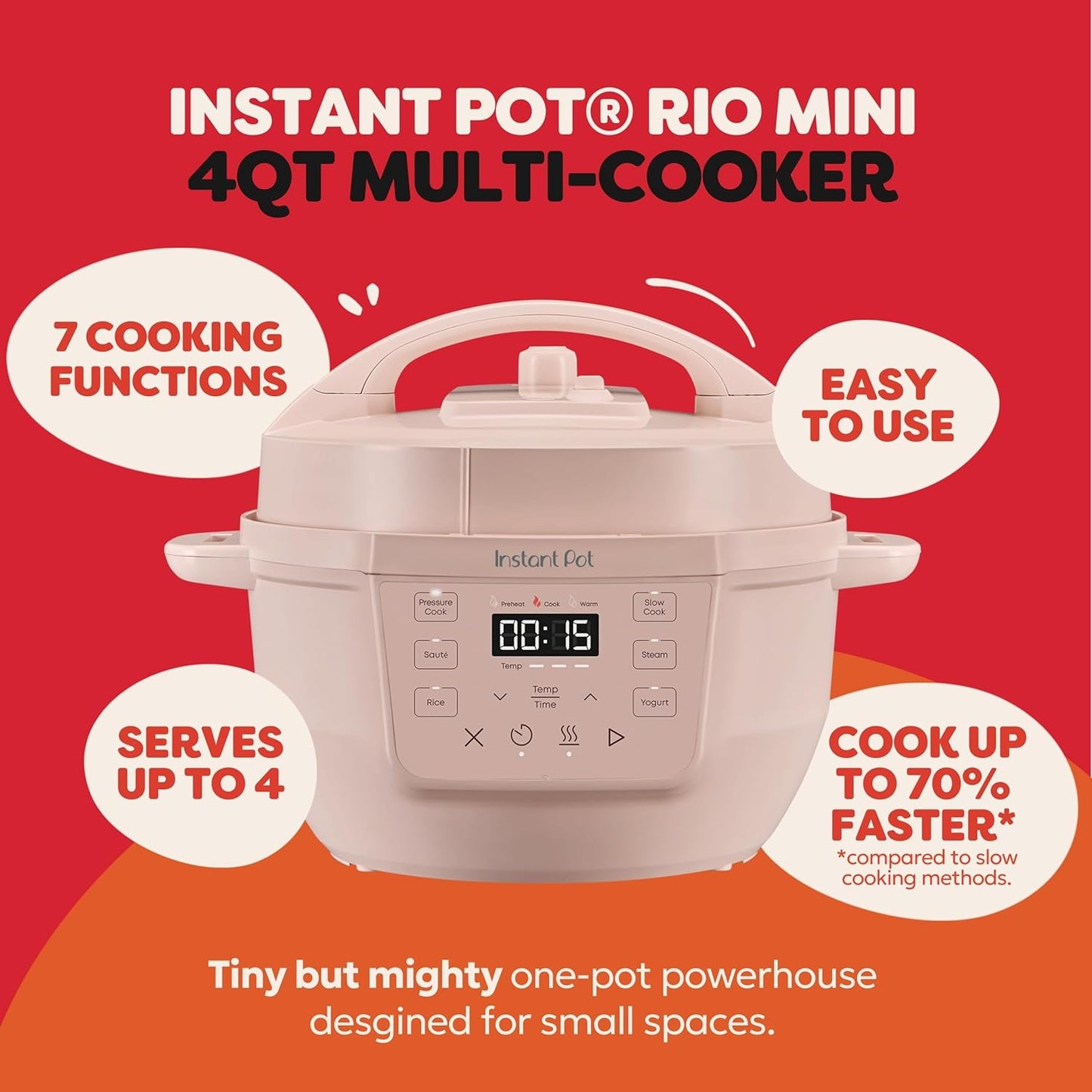 Instant Pot Rio Mini 4 Qt 7-in-1 Electric Pressure Cooker, Rosewater Pink multicooker, 4 quart, slow cook, rice, steam, sauté, yogurt, keep warm, family meals