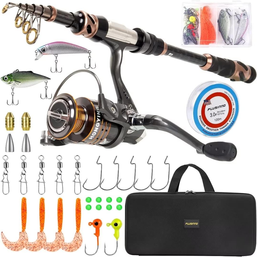 PLUSINNO Fishing Rod and Reel Combo, 8.86FT Carbon Fiber Telescopic Fishing Pole with HA3000 Spinning Reel, 12+1 Bearings, Fishing Line, Lures, Hooks & Carrier Case