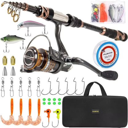 PLUSINNO Fishing Rod and Reel Combo, 8.86FT Carbon Fiber Telescopic Fishing Pole with HA3000 Spinning Reel, 12+1 Bearings, Fishing Line, Lures, Hooks & Carrier Case