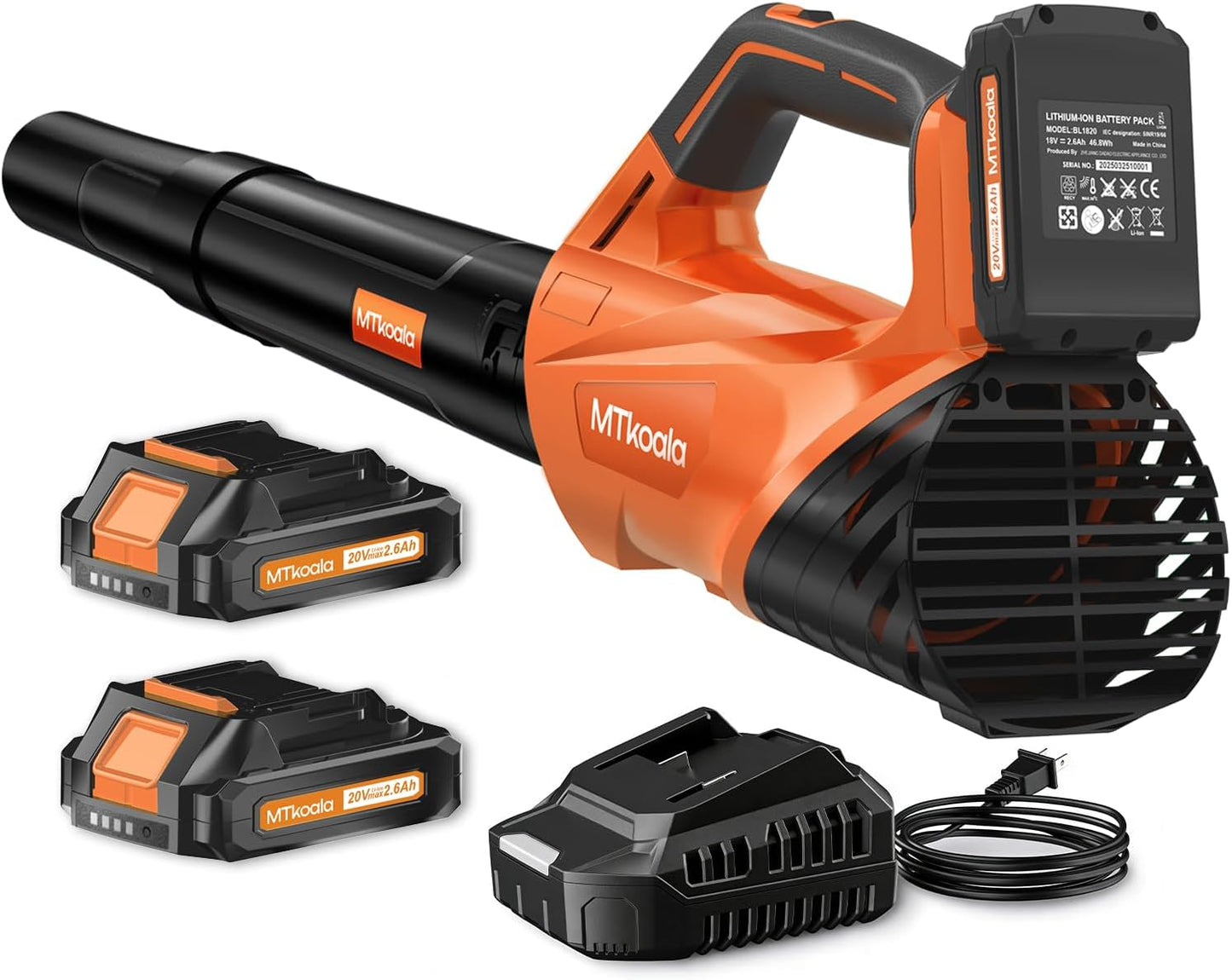 Leaf Blower, Leaf Blower Cordless with 2 * 2.6AH Batteries and Fast Charger, 450CFM &150MPH and 2 Speed Mode, Lightweight Electric Leaf Blowers for Lawn, Yard, Leaves, Dust Care (Orange)