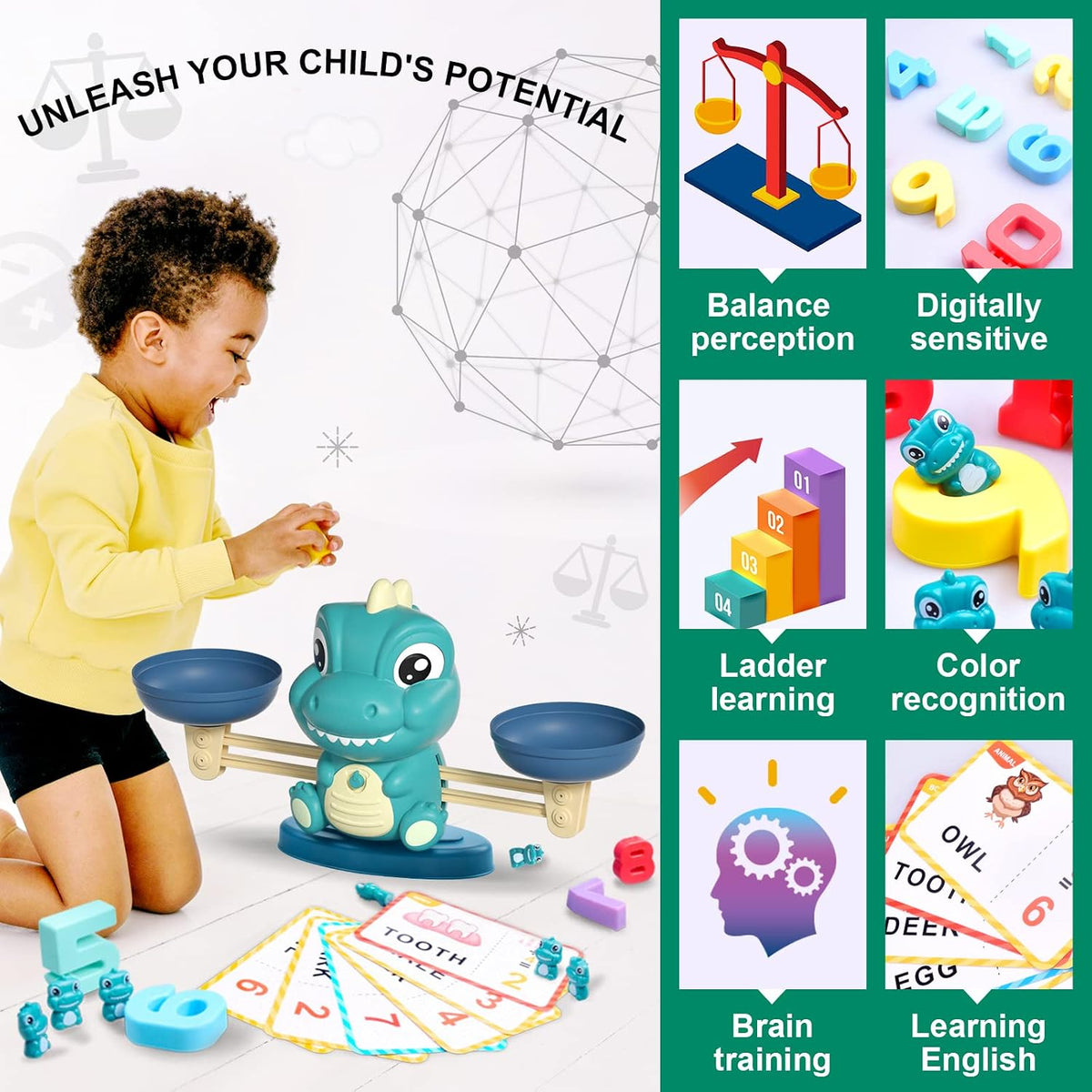 Kaodezhu Dinosaur Math Balance Toys, Montessori Math Balance Scale with Number & Dinosaur Weights, STEM Educational Learning Toy for Kids Ages 3+, Green