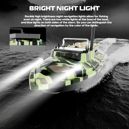 RC Bait Boat for Fishing, 4.4 lb Carp Fishing Boat with Dual Battery Power, Cruise Control, Low Battery Alarm, Dual Motors, LED Night Lights, Waterproof Hull, Camo Green