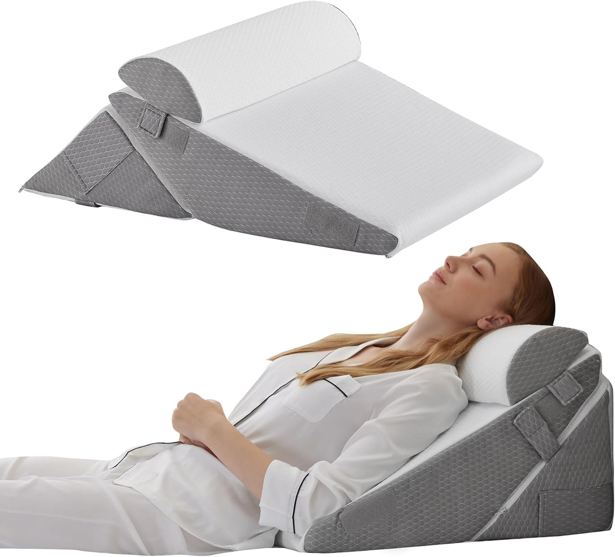 Bedluxe Wedge Pillow Set for After Surgery, Orthopedic Bed Wedge White/Grey Adjustable 9&12 Inch, Bed Wedge Pillow For Headboard, Acid Reflux&Back Pain Relief, Sleeping&Sitting Up, Neck&Lumber Support