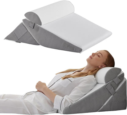 Bedluxe Wedge Pillow Set for After Surgery, Orthopedic Bed Wedge White/Grey Adjustable 9&12 Inch, Bed Wedge Pillow For Headboard, Acid Reflux&Back Pain Relief, Sleeping&Sitting Up, Neck&Lumber Support