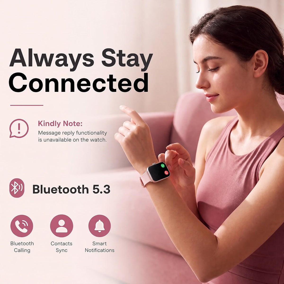 KIPTUMTEK T7 Smart Watch for Women, 1.83" HD Touch Screen, Bluetooth Calling, Fitness & Health Tracker, 2 Bands, Pale Pink