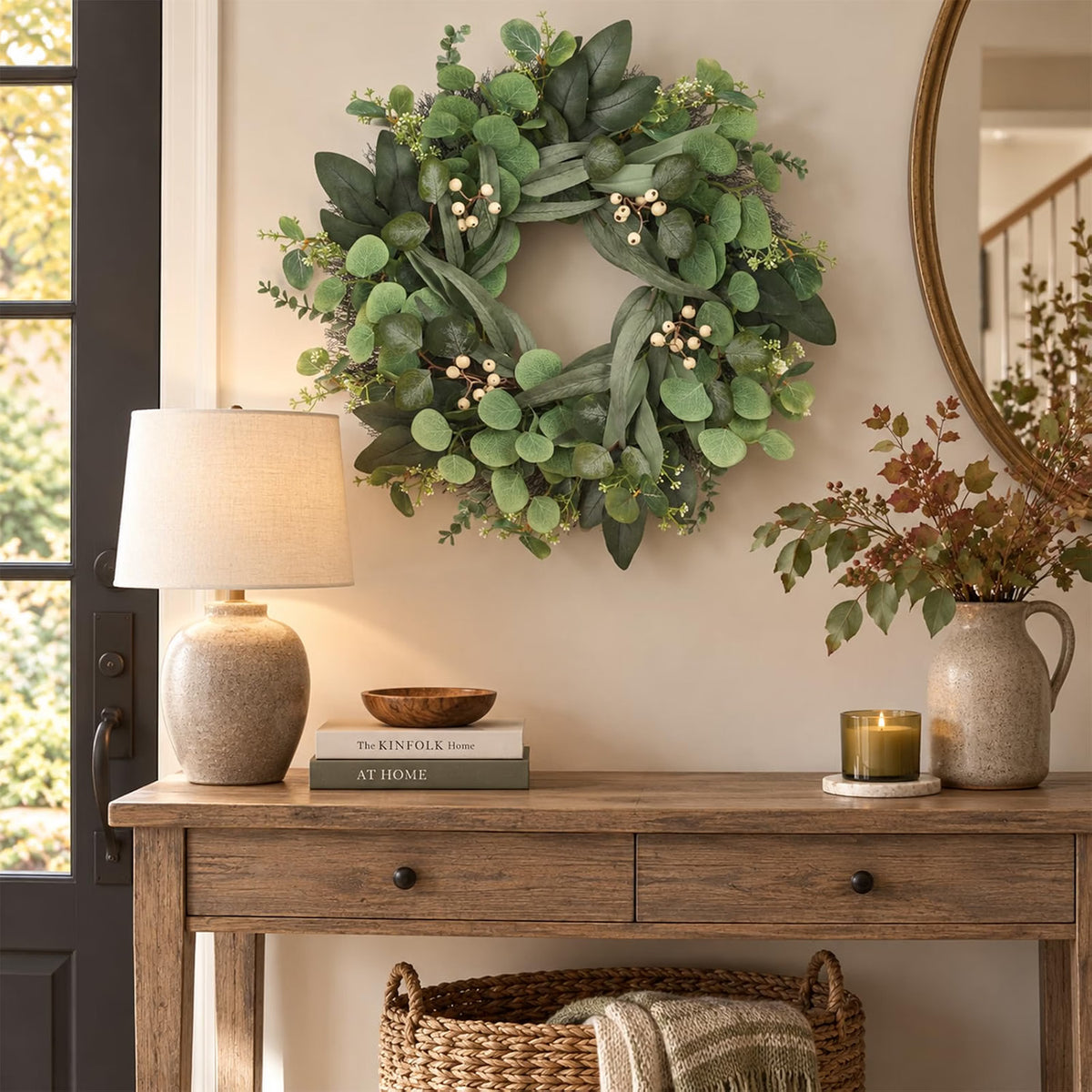 HyperionFlo Essentials 24-Inch Artificial Eucalyptus Wreath for Front Door, Greenery with White Berries, Fall & Year-Round Home Decor