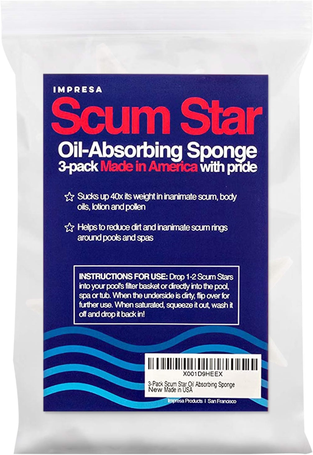 IMPRESA Scum Star Swimming Pool & Hot Tub Oil Absorbing Sponge, 3-Pack, Star-Shaped Spa Scum Absorber & Skimmer Sponge, White, Made in USA