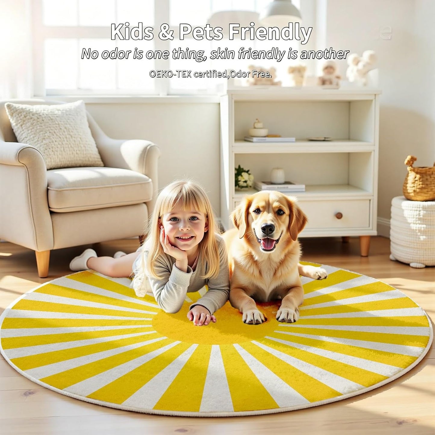 Yellow Rainbow Sun Round Rug 10Ft, Boho Print Circle Area Carpet, Washable