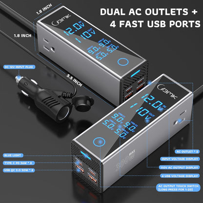 300W Car Power Inverter 12V DC to 110V AC Outlet Adapter 4 Fast USB Ports with PD 36W QC3.0 LCD Voltage Display Stackable Design for Laptop CPAP Road Trip Essentials