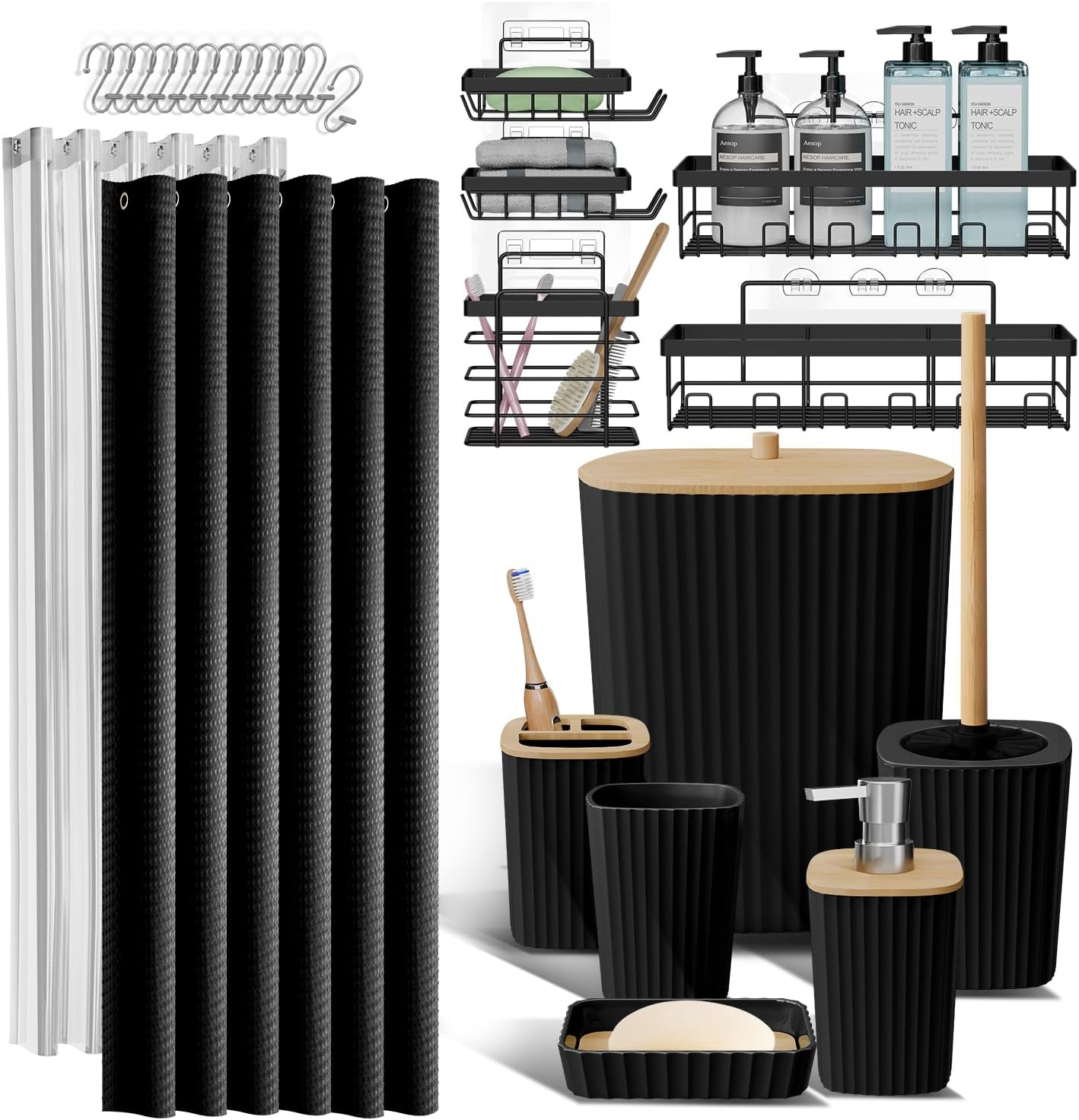 Clara Clark Black Bathroom Set, Shower Curtain Set, Bathroom Accessory Set