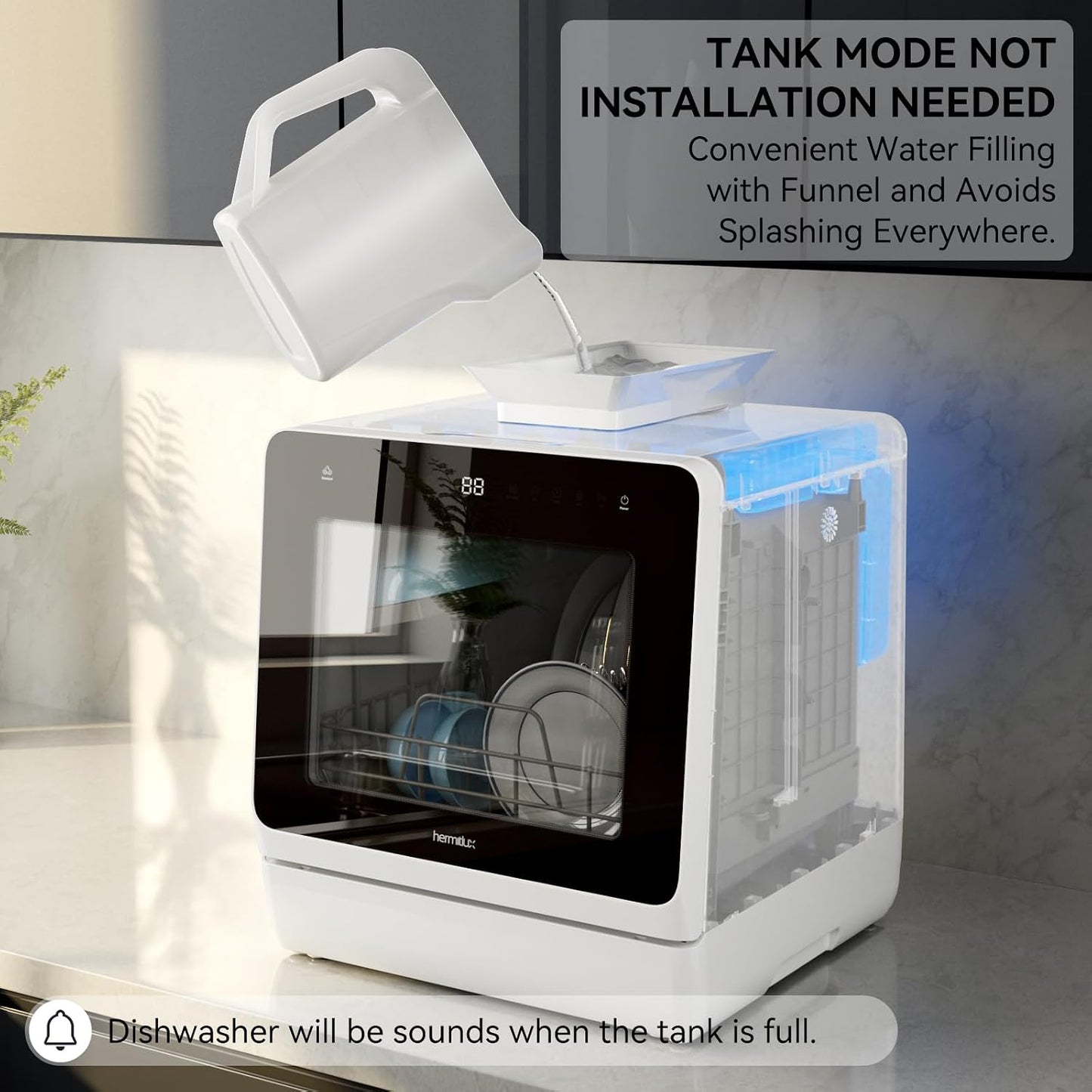 Hermitlux Countertop Dishwasher, 7 Washing Programs Portable Dishwasher Mini Dishwashers with 5-Liter Built-in Water Tank , Glass Door, LED Light, No Hookup Needed for RV & Apartment Use