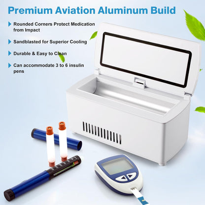 Portable Insulin Cooler Travel Case with Digital Thermostat, FAA-Compliant Stable 0-18°C, holds 3-6 pens, long battery, car/wall/USB, easy LCD.