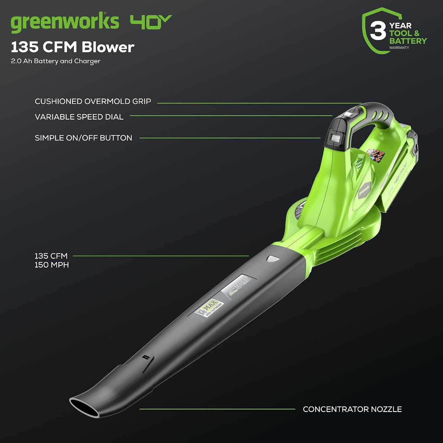 Greenworks 40V Cordless Leaf Blower – 135 CFM, 150 MPH with 2.0 Ah Battery and Charger