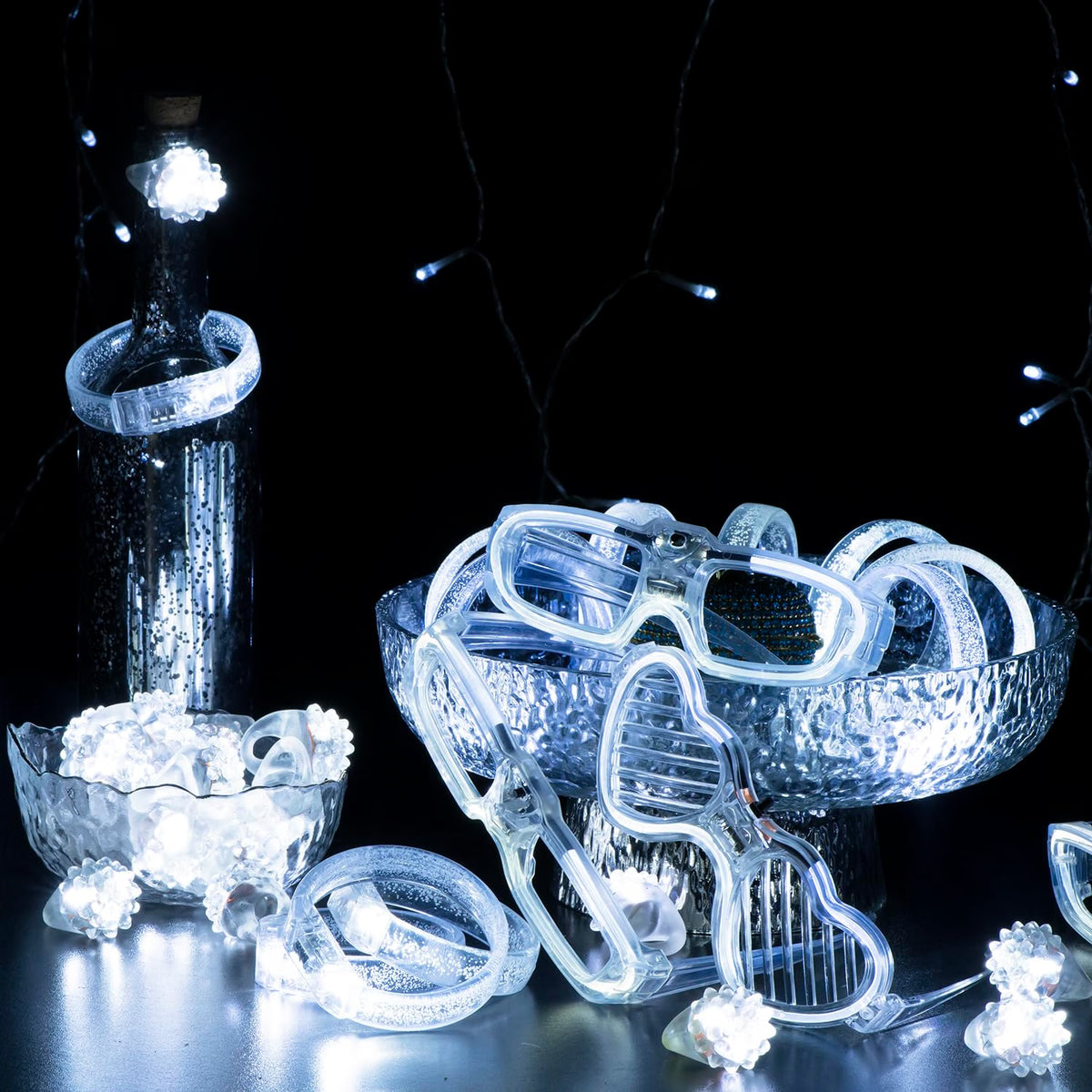 bethmore 50-Piece LED Wedding Party Supplies Set, 10 Flashing Glasses, 20 Light-Up Bracelets & 20 LED Blink Rings, White Love-Themed Glow Party Accessories