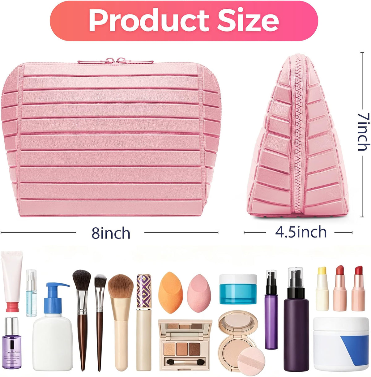 HyperionFlo Essentials Travel Makeup Organizer Bag, Fold-Down Cosmetic Organizer with Adjustable Dividers, 27 Pockets & 3 Brush Holders, Large Capacity Toiletry Case, Pink