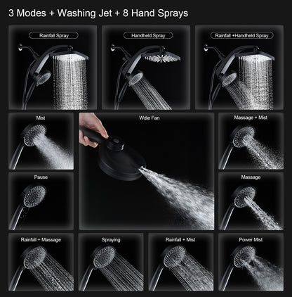 Rain Shower Head with Handheld Showerhead, Black 1.75GPM 460311 12" High Pressure Rainfall Shower Heads, 9 Sprays Handheld Showerheads, Magnetic Docking, Power Jets, 59" Shower Hose