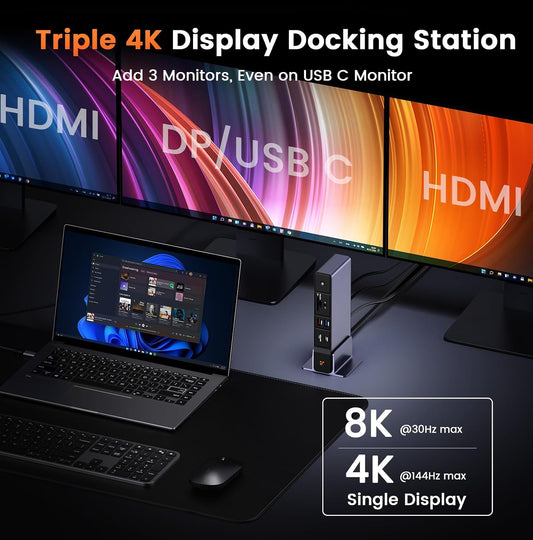 TobenONE Laptop Docking Station 3 Monitors, 8 USB Ports, 150W Adapter 100W PD and 20W Charging, 2.5G Ethernet, Triple 4K via 2 HDMI, DP, USB C, Single 4K@144, SD/TF 4.0 for Windows/Chrome OS