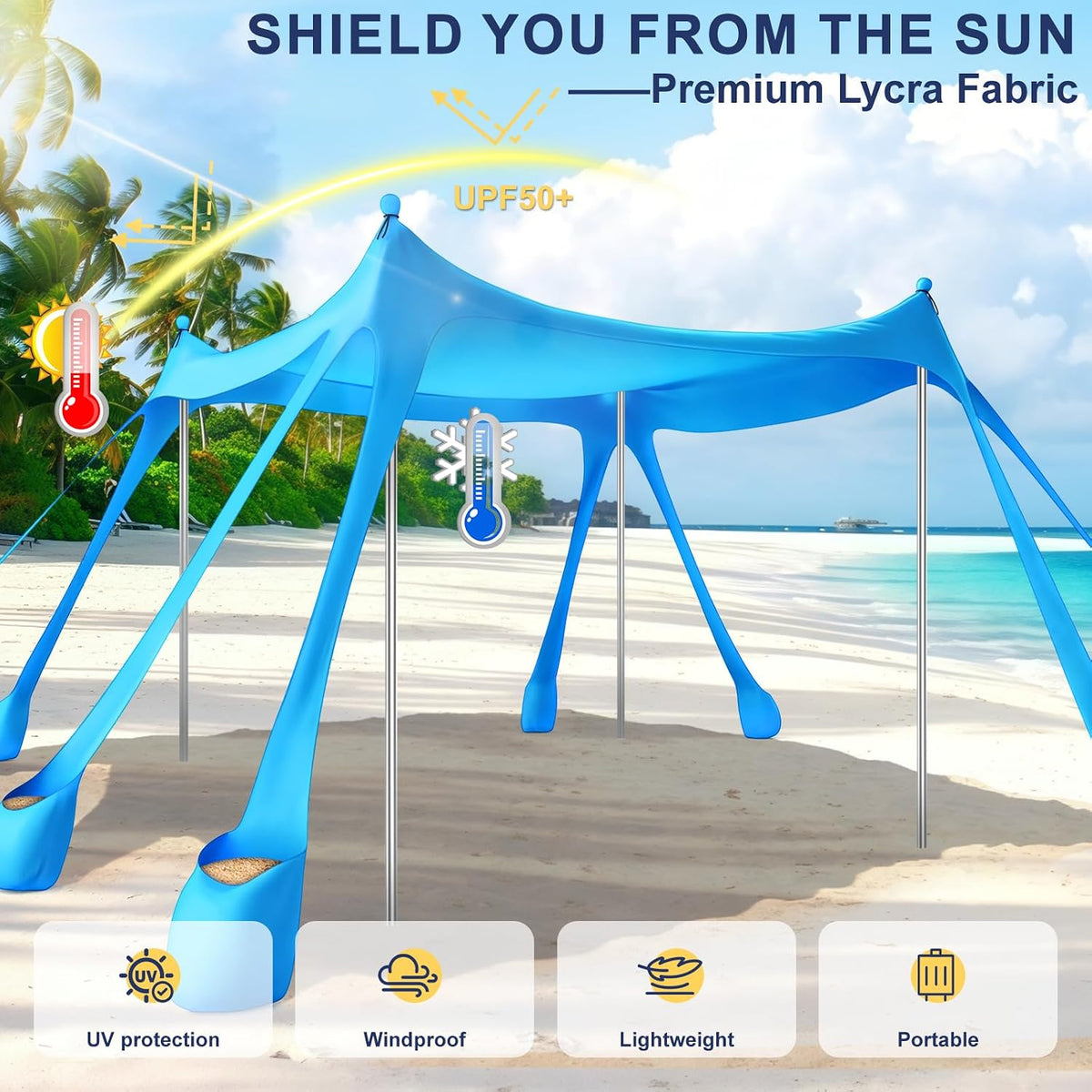 COZEER 10x10FT Beach Tent Sun Shelter, UPF 50+ Beach Shade Canopy with 8 Sandbags, Aluminum Poles & Stakes, Waterproof Outdoor Canopy for Camping, Beach & Picnics, Sky Blue