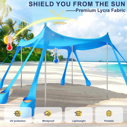 COZEER 10x10FT Beach Tent Sun Shelter, UPF 50+ Beach Shade Canopy with 8 Sandbags, Aluminum Poles & Stakes, Waterproof Outdoor Canopy for Camping, Beach & Picnics, Sky Blue