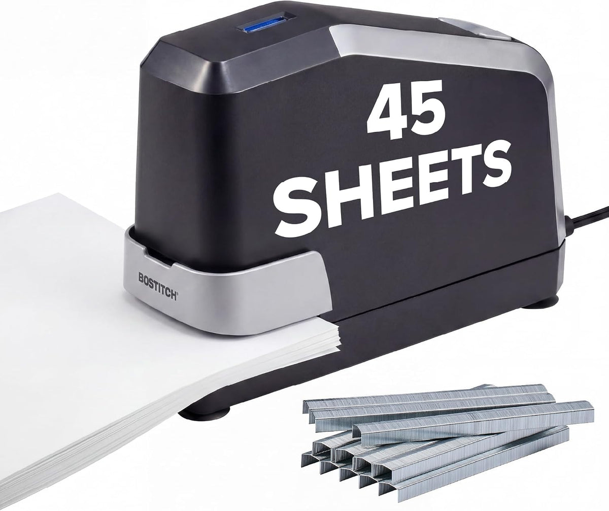Bostitch Office Impulse Heavy Duty Electric Stapler Value Pack, 45 Sheet Capacity, Includes 5,000 Staples, No-Jam, Faster Stapling, Silver