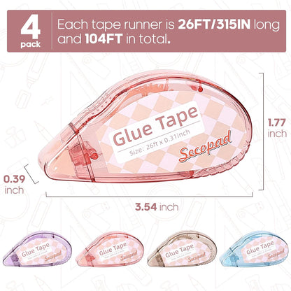 Secopad Scrapbook Tape, 4-Pack Double-Sided Glue Tape Roller for Crafts, 0.3-Inch x 26FT Adhesive Runner for Scrapbooking, Journaling, Photos & Gift Wrapping, Light-Colored Shell