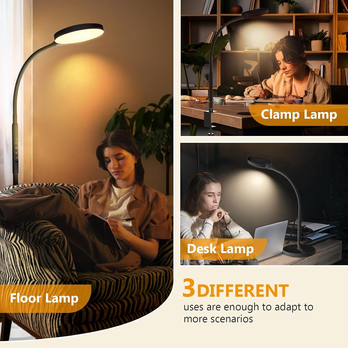Light Therapy Lamp, 3 in 1 Therapy Floor Lighting, 11000 Lux Full Spectrum Therapy Lamps, UV-Free LED Sunlight, 10 Brightness/5Color/Gooseneck/Height Adjustable with Timer Control, Black