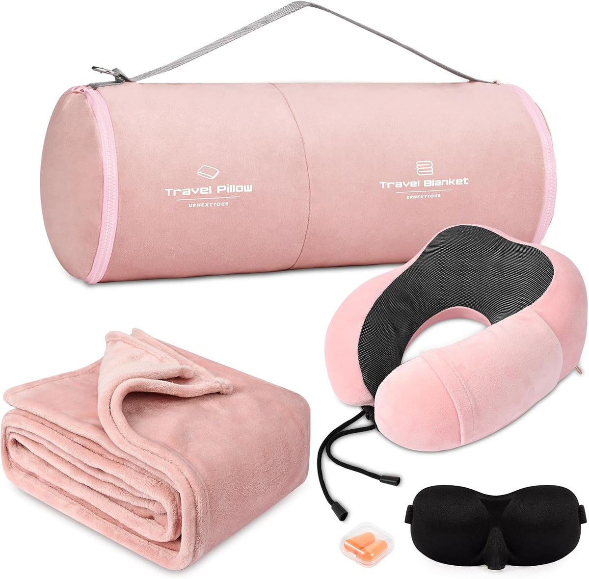 urnexttour Travel Pillow and Blanket Set Neck Pillow Airplane Foam Pink 43x60 Inch Plane Blanket, Traveling Compact Storage Bag, Eye Mask, and Earplugs for Ultimate Flight Comfort, Women and Men
