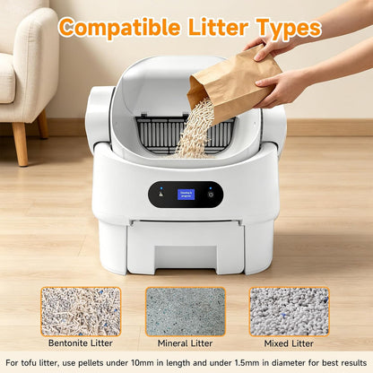 Self Cleaning Auto Litter Box Enclosure, Open-Top, Multiple Cats Safety Sensor Protection, Large Bin, Ultra Quiet, Easy Setup, Convenient Cleaning,Odor Control, Include Waste Bag, White