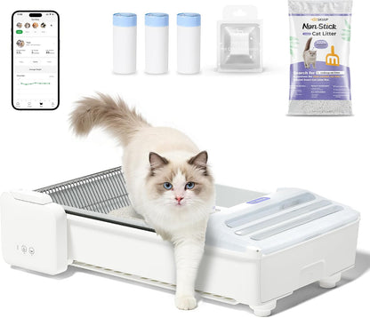 Open-Top Self Cleaning Litter Box, 2026 Upgraded Extra Large Automatic Cat Litter Box for Multiple Cats, Safety Sensors/App Control/Odor Control/Easy Clean - Includes 5 lbs Premium Cat Litter