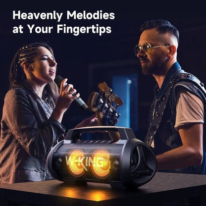 W-KING Portable Bluetooth Speaker with Wireless Microphone, Loud Karaoke 120W Peak 70W RMS Waterproof Outdoor Bluetooth Speakers, 110dB Bass Up, 42H/BT5.4/DSP/RGB, Stereo Pairing for Camping/Beach