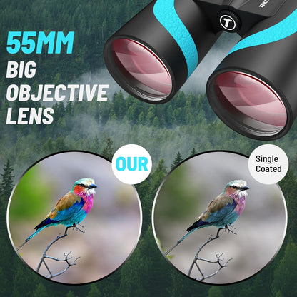 Tinllaans 15x55 UHD Binoculars with Phone Adapter, High-Powered BAK4 Prism Binoculars, 8° Wide Angle, IPX7 Waterproof & Fogproof, Fully Multi-Coated, Blue