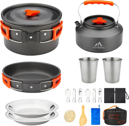 THTYBROS 17-Piece Camping Cookware Mess Kit, Hard-Anodized Aluminum Camping Cookware Set with Pot, Kettle, Frying Pan, Cups, Plates & Utensils for Camping, Backpacking & Picnic, Gray