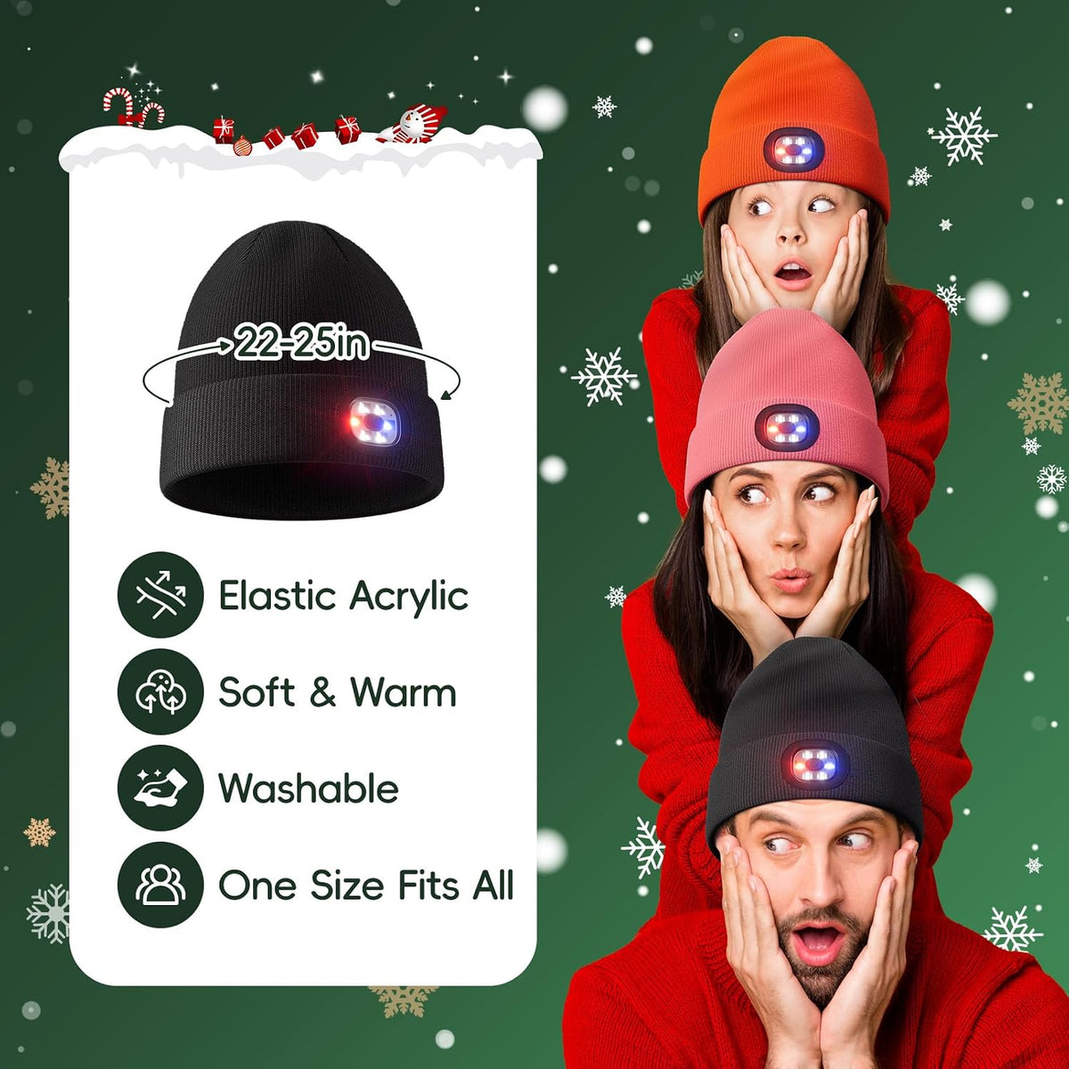 Olulse Unisex Beanie with LED Light, USB Rechargeable Winter Hat with 6-Bulb Headlamp, 3 Brightness Levels, Hands-Free Lighting for Men & Women, Black