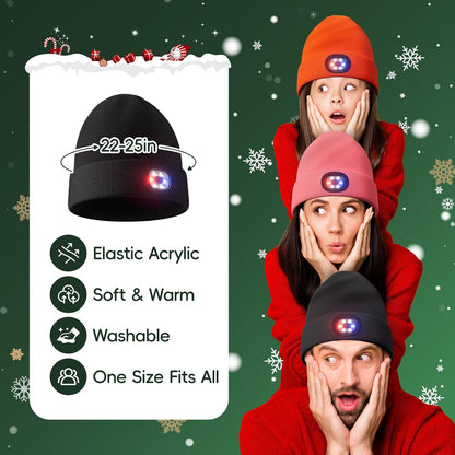 Olulse Unisex Beanie with LED Light, USB Rechargeable Winter Hat with 6-Bulb Headlamp, 3 Brightness Levels, Hands-Free Lighting for Men & Women, Black