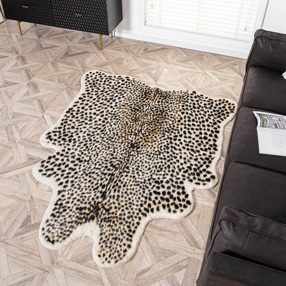 Leopard Area Rug Animals Printed Hide Mats Faux Fur Cowhide Skin Carpet for Home Office, Living Room, Bedroom, 5.2ft x 6.5ft (160 x 200cm)