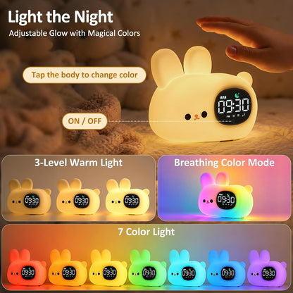 Aokpsrt Bunny Kids Alarm Clock with Night Light, OK to Wake Toddler Sleep Training Clock, Dual Alarm, White Noise, Multicolor Night Light, White