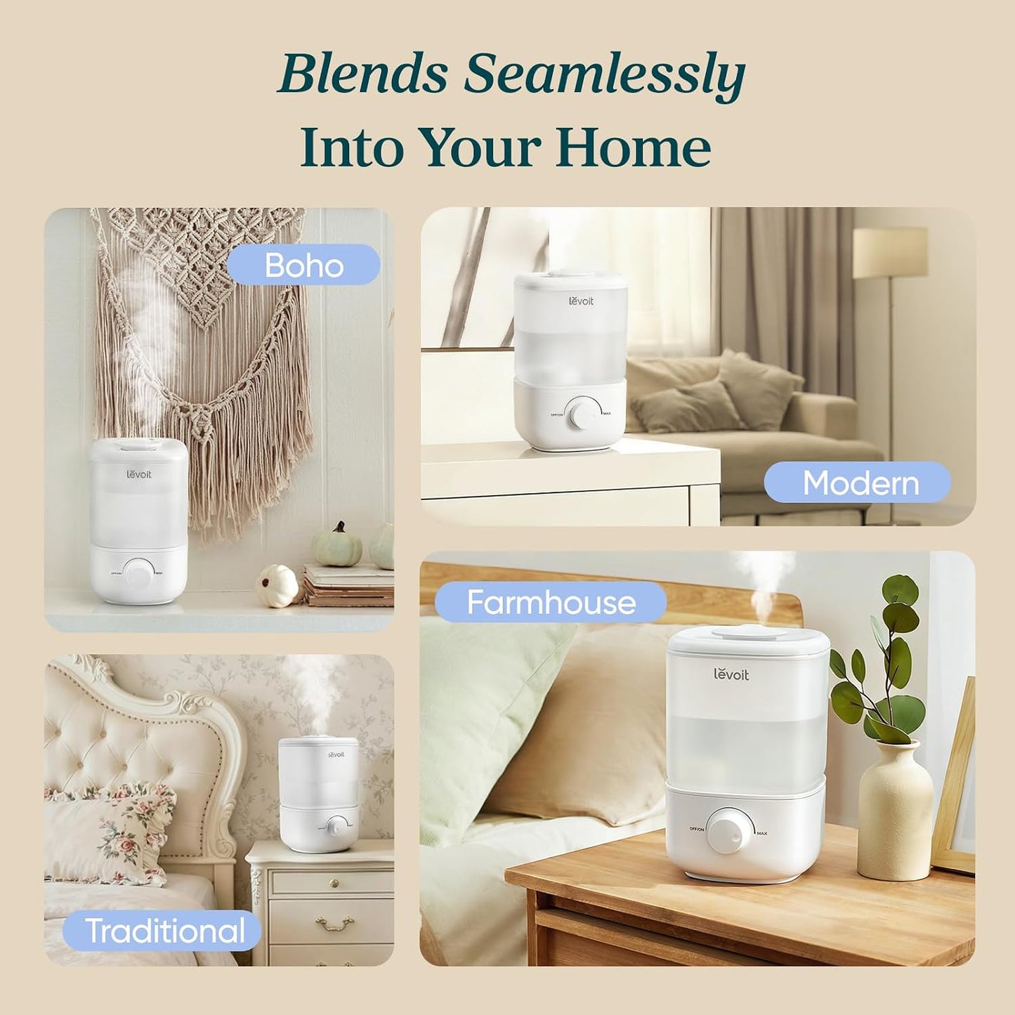 Levoit Top Fill Humidifiers for Bedroom, 2.5L Tank for Large Room, 28dB Easy to Fill & Clean, Quiet Cool Mist Air Humidifier for Home Baby Nursery & Plants, Auto Shut-off for Safety, 25H Lasting