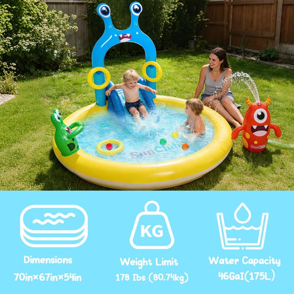 Inflatable Splash Pad for Kids with Monster Sprinkler, Water Slide, Toss Rings & Balls, Outdoor Backyard Water Play Center for Toddlers Ages 2-6