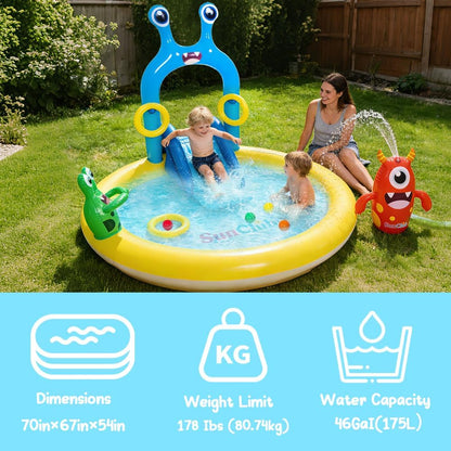 Inflatable Splash Pad for Kids with Monster Sprinkler, Water Slide, Toss Rings & Balls, Outdoor Backyard Water Play Center for Toddlers Ages 2-6